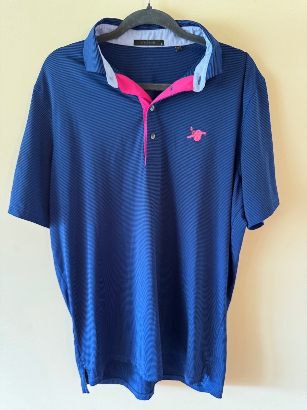 Greyson Performance Golf Polo Large Blue Stripe Secession Golf Club Wolf 🐺